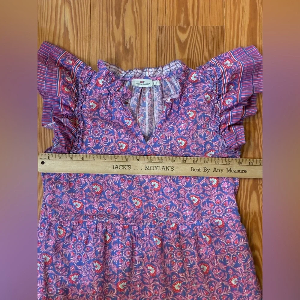 Vineyard Vines 100% Cotton Flutter Ruffle Dress Size Small Pink Purple Floral - Picture 6 of 9